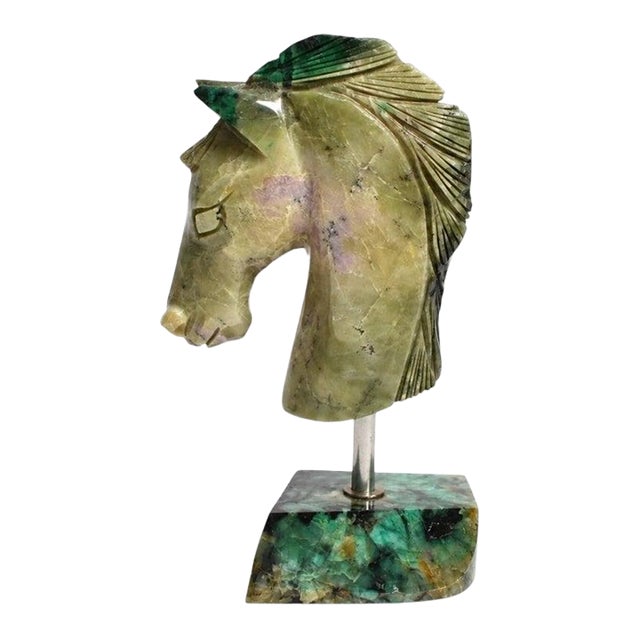 Gemstone Emerald Horse Bust Sculpture Full Emerald Base Hand Carved For Sale