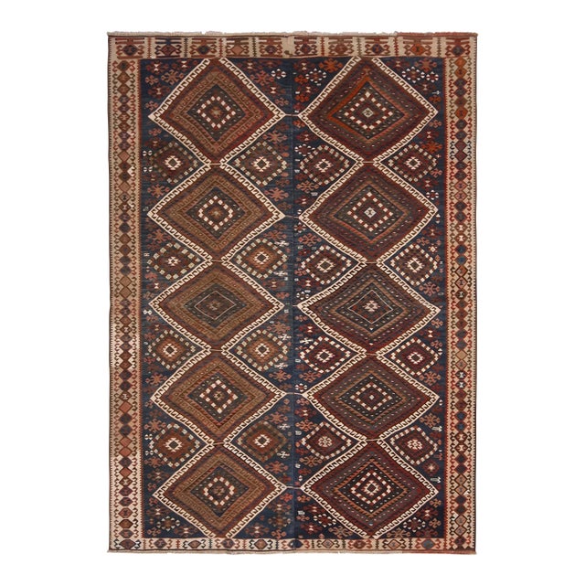 1950s Vintage Mid-Century Van Beige-Brown and Blue Wool Kilim Rug For Sale