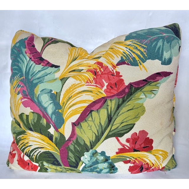 Mid-Century Modern Pair Large Vintage Tropical Floral & Leaf Barkcloth Pillows For Sale - Image 3 of 10