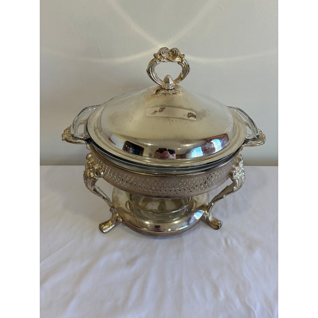 Art Deco Anchor Hocking Silver Plate Chafing Dish With Glass Insert For Sale - Image 3 of 11