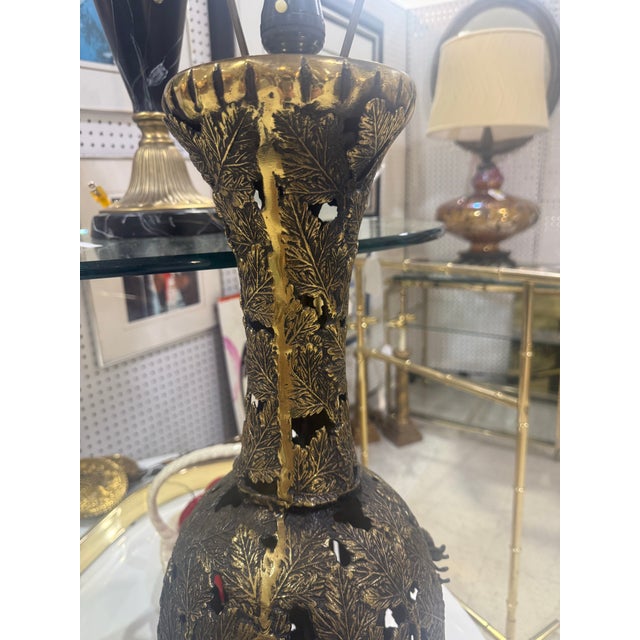 Asian Antique Large Gilded Bronze Lamp 26in For Sale - Image 3 of 4