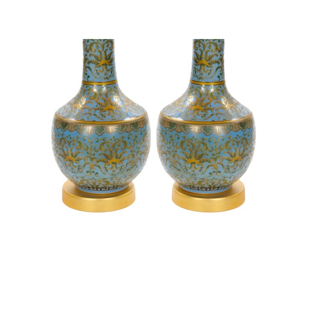 Mid-Century Modern Mid-Century Modern Italian Blue Tapestry-Design Porcelain Table Lamps – Pair For Sale - Image 3 of 11