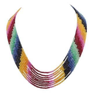 200 Ct 7 Layer Natural Emerald Ruby & Sapphire Bead Necklace 14k Gold Adjustable For Sale