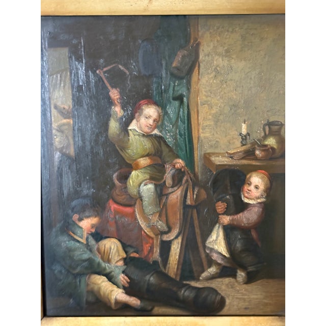 French Framed Oil on Board "Boy on Saddle", Mid-20th Century For Sale - Image 3 of 7