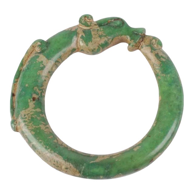 19th Century Archaic Chinese Green Jade Hand Carved Dragon Bracelet or Decorative Object to Display For Sale