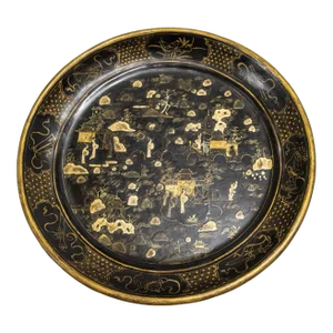 Large Chinese Platter in Black Lacquered Gilt Hand Painted 1940s