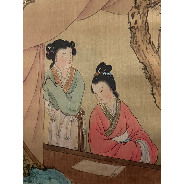 Vintage Chinese Art Scroll Painting Landscape Garden With People Design For Sale In New York - Image 6 of 8