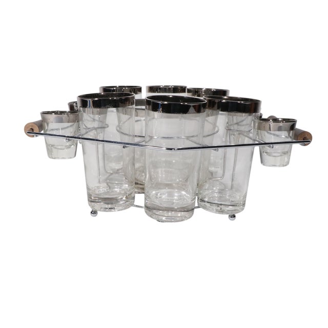 Dorothy Thorpe Mid 20th Century 13 Silver Band Drink Set With Chrome and Wood Caddy For Sale - Image 4 of 10
