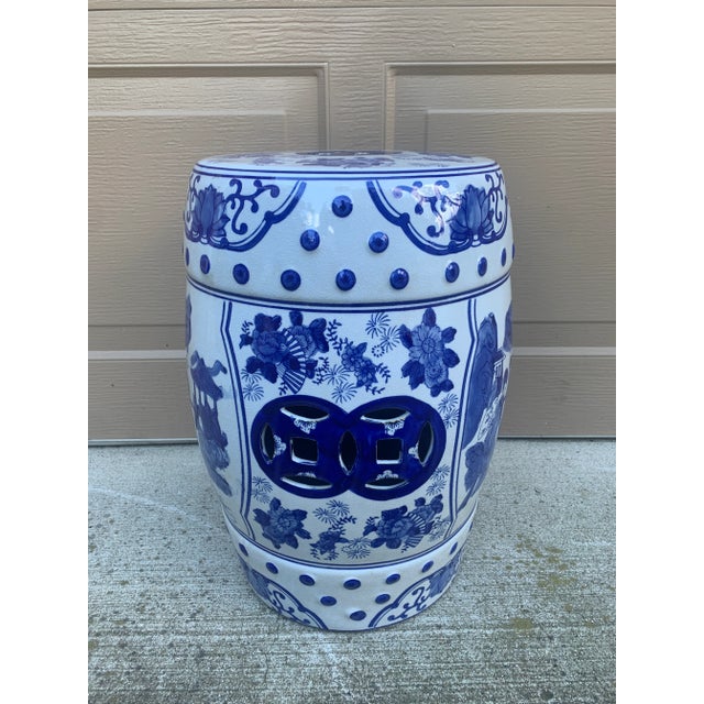 Ceramic Blue and White Porcelain Chinoiserie Garden Stool or Side Table For Sale - Image 7 of 10