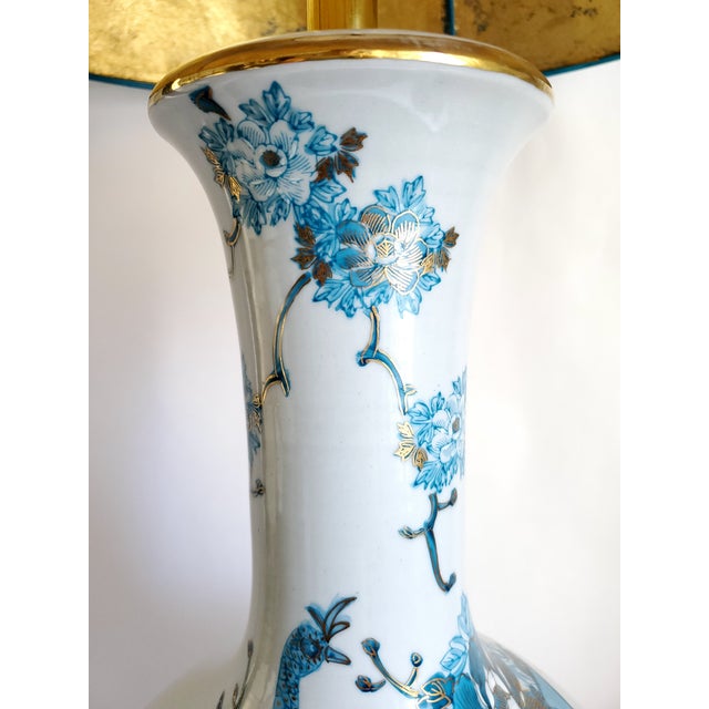 Huge Lamp Pair Blue & Metallic Gold Hand Painted Peacocks 1960s Kutani For Sale - Image 9 of 18