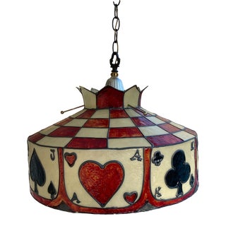 1970s Vintage Hanging Hand Painted Stained Glass Effect Fiberglass Poker Lamp Shade For Sale