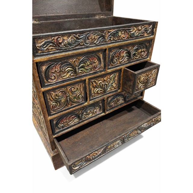 Vintage Late 20th Century Hand-Carved Wood Jewelry Chest – Old World Spanish Revival Style For Sale - Image 4 of 10