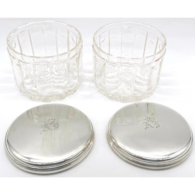 Pair French 'Royal' Silver Armorial Cut Glass Bamboo Motif Dresser Jars For Sale - Image 4 of 7