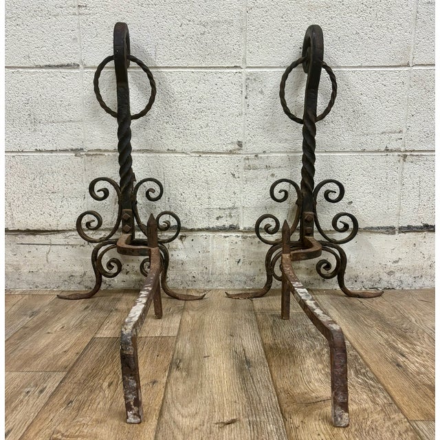 Black Vintage Hand Forged Scrolled Wrought Iron Fireplace Andirons Fire Dogs For Sale - Image 8 of 8