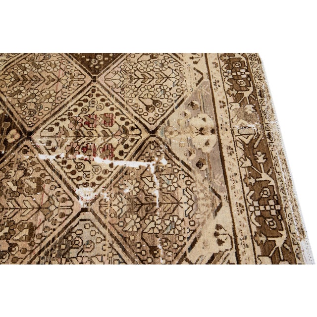 1960s 1960s Vintage Distressed Handmade Floral Beige Wool Rug For Sale - Image 5 of 9