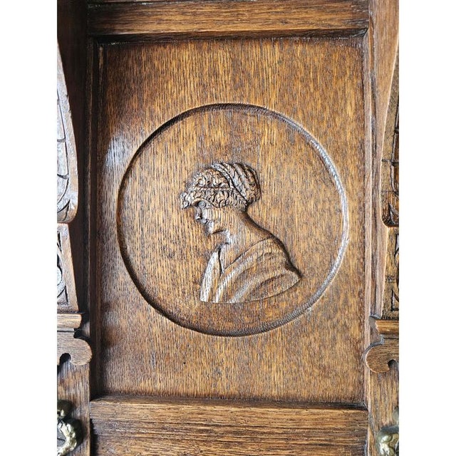 Brown Dutch Entryway Wall Coat Rack in Carved Wood with Central Mirror, 1950s For Sale - Image 8 of 15
