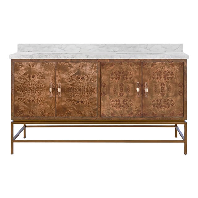 Matthew Izzo Home Clifford 60" Dark Burlwood/Antique Brass, Double Porcelain Sinks Bath Vanity With White Marble Top, and Lucite Hardware For Sale