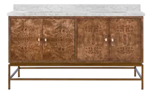 Matthew Izzo Home Clifford 60" Dark Burlwood/Antique Brass, Double Porcelain Sinks Bath Vanity With White Marble Top, and Lucite Hardware