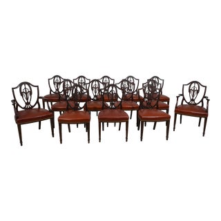 Set of 14 Antique English Carved Mahogany Shield Dining Chairs For Sale