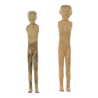 Two Chinese Han Dynasty Tall Slender Terracotta Stick Man Figures For Sale