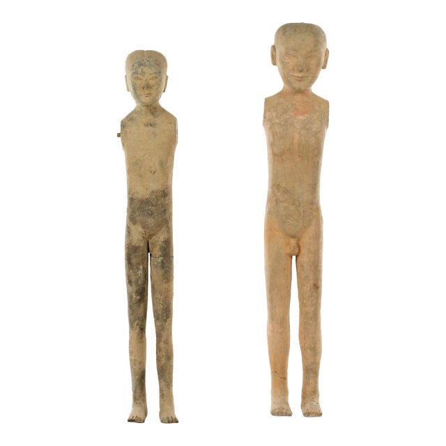 Two Chinese Han Dynasty Tall Slender Terracotta Stick Man Figures For Sale