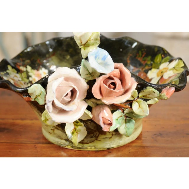 19th Century French Barbotine Jardinière Basket with High Relief Pastel Flowers For Sale - Image 4 of 11
