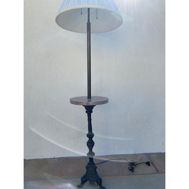 Metal Vintage Regency Style 2 Light Embellished Bronze Floor Lamp With Attached Marble Table and Shade For Sale - Image 7 of 15