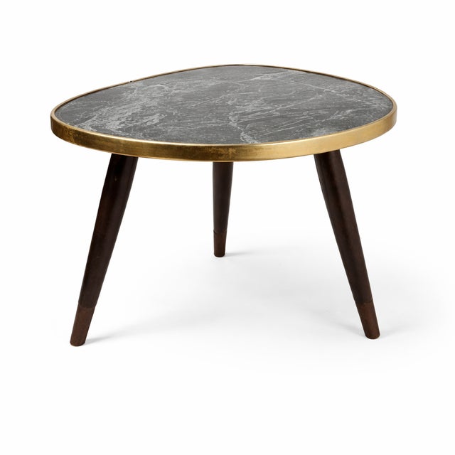 Wood Mid-Century Modern Marble Top Flower Stand with Brass Rim and Tapered Wooden Legs, 1960s For Sale - Image 7 of 7