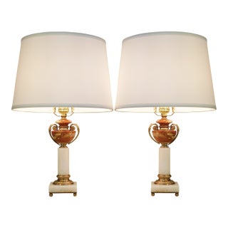 1930s French Depose Art Deco Neoclassic White/Salmon Onyx Marble Column & Urn Bronze Table Lamps - a Pair For Sale