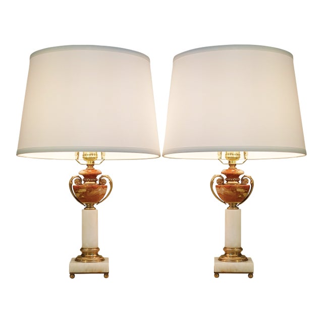 1930s French Depose Art Deco Neoclassic White/Salmon Onyx Marble Column & Urn Bronze Table Lamps - a Pair For Sale