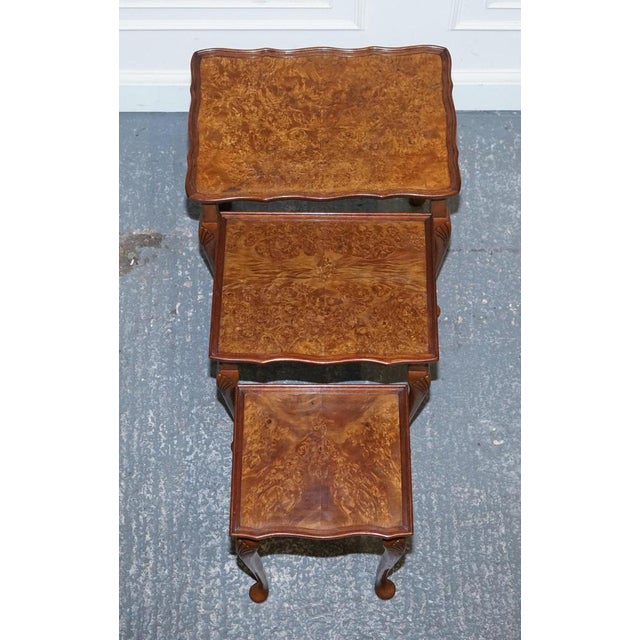 Art Deco Burr Walnut Nesting Tables with Queen Anne Legs, 1920s, Set of 3 For Sale - Image 12 of 15