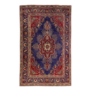 1960s Vintage Persian Tabriz Handmade Medallion Navy Blue Wool Rug For Sale