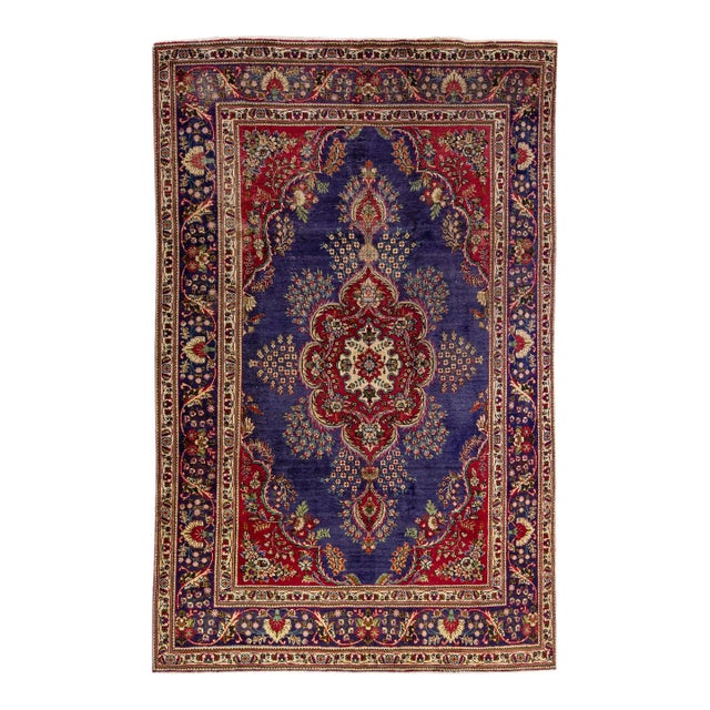 1960s Vintage Persian Tabriz Handmade Medallion Navy Blue Wool Rug For Sale