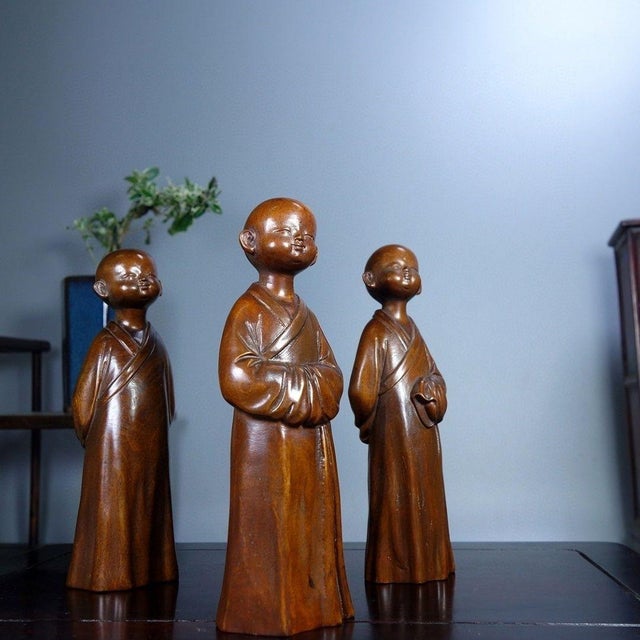 Set of 3 Vintage Chinese Boxwood Carved Monk Figures – "Zen Mind" (Chan Xin) Statues For Sale - Image 4 of 9