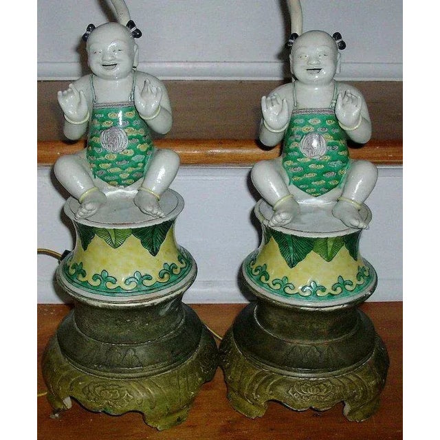 Chinese 19th Century Chinese Kangxi Porcelain Ho Ho Boys in Famille Vert Glaze as Lamps - a Pair For Sale - Image 3 of 7
