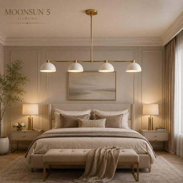 Modern Linear Chandelier 4 Light, Matte Off White Dome Pendant Light Brass Dining Room Fixture, Kitchen Island Lighting, Minimalist Light For Sale - Image 12 of 12