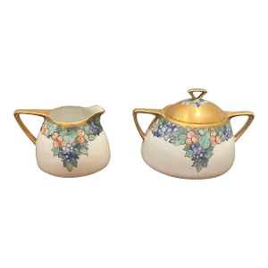Antique Limoges Hand Painted Creamer and Sugar, Flower Spray With Gold Trim, Signed