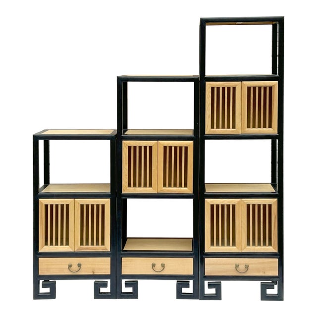 Set of 3 Black Tan Shutter Doors Display Cabinet Bookcase Room Divider For Sale