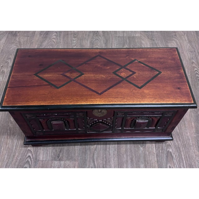 This is a gorgeous antique Indian Rajasthani bridal or dowry chest crafted from solid hardwood with raised geometric...