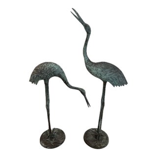 1990s Verdigris Brass Crane Garden & Patio Statues - Set of 2 For Sale