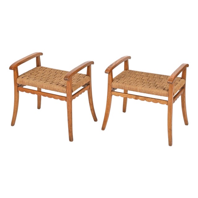 Vintage Italian Oak and Woven Rope Stools by Giuseppe Pagano, Italy, 1940s, Set of 2 For Sale