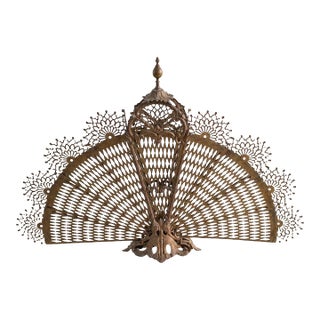 Antique Victorian Brass Fireplace Screen Ornate Folding Fan Peacock Fire Guard Hearth Screen Art Nouveau Home Decor For Sale
