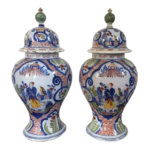 1765 Polychrome Delft Tin Glaze Faience Pottery Covered Baluster Urns - a Pair