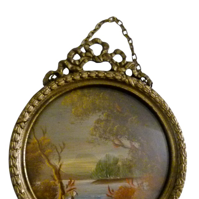Brass Vintage Italian Miniature Oil Landscape Painting in Ornate Victorian Brass Frame | Signed For Sale - Image 8 of 12