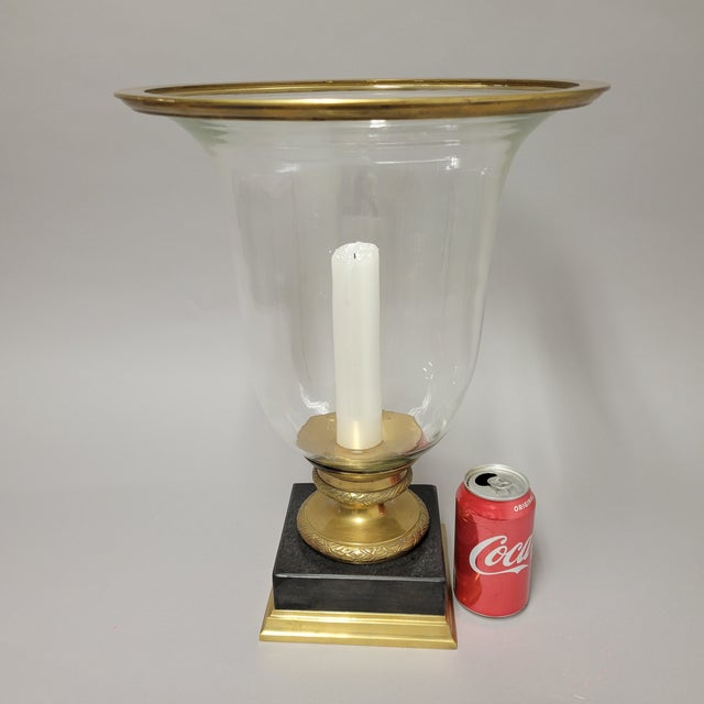 Traditional Tall Glass Hurricane Candle Lamp With Marble and Brass Base For Sale - Image 3 of 5