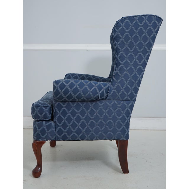 Queen Anne Broyhill Roll Arm Blue Upholstered Wing Chair For Sale - Image 3 of 18