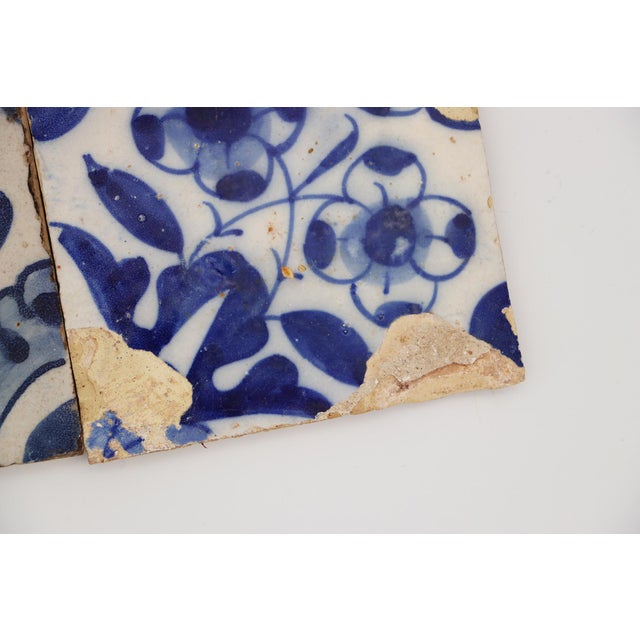 Ceramic 17th Century Portuguese Blue & White Floral Set of Two Tiles For Sale - Image 7 of 9