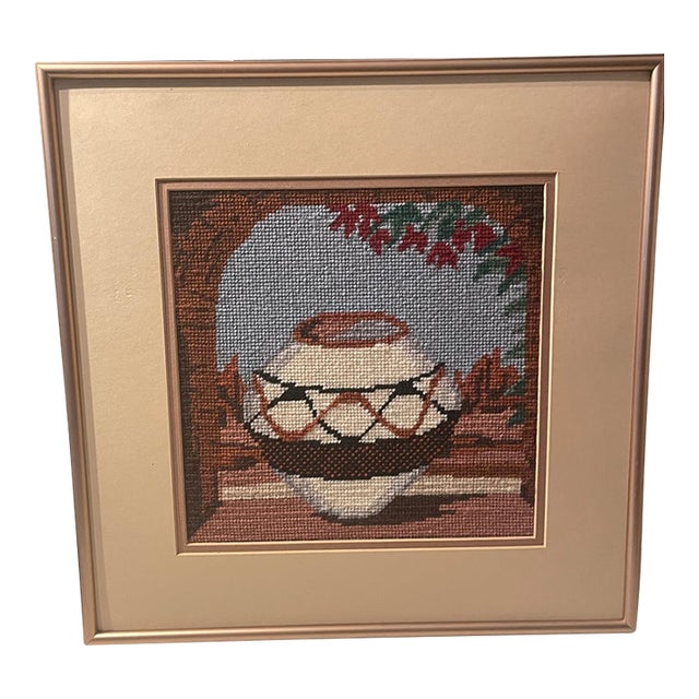 Vintage Needlepoint Pottery Native American Picture For Sale