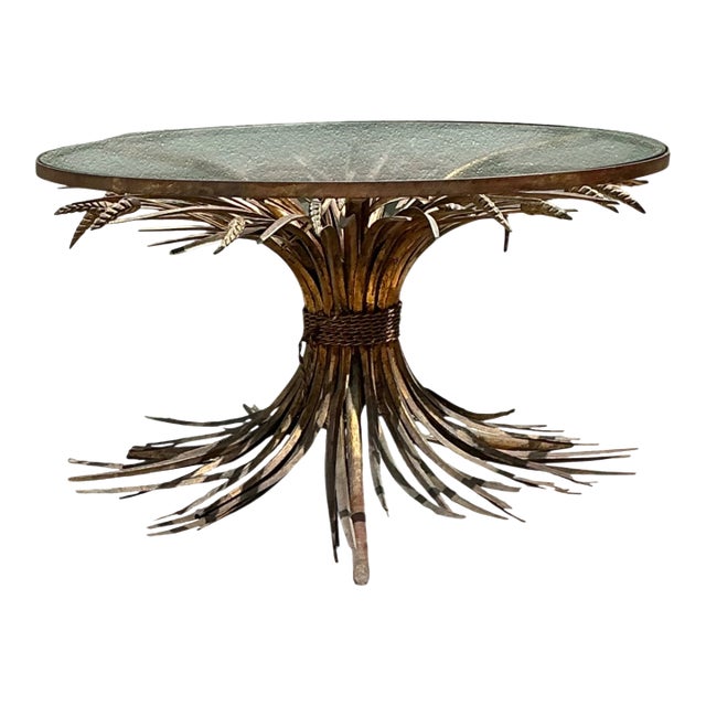 Vintage Distressed Gilt Metal and Glass Wheat Sheaf Table For Sale