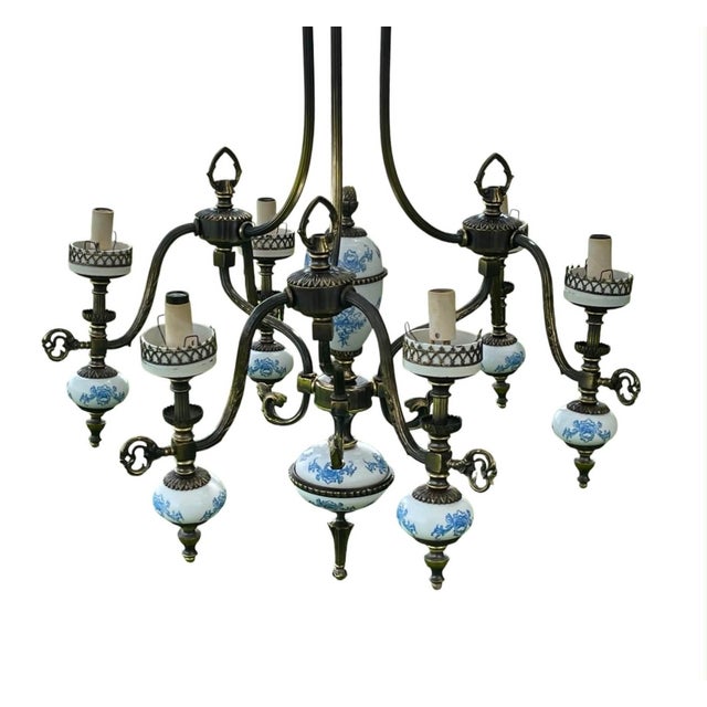Vintage Six Light Porcelain and Brass Chandelier Made in Spain For Sale - Image 4 of 13